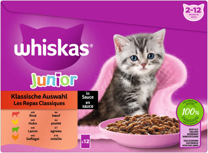 whiskas Katzen-Nassfutter Portionsbeutel Multipack Junior Klassische Auswahl in Sauce 12 x 85g